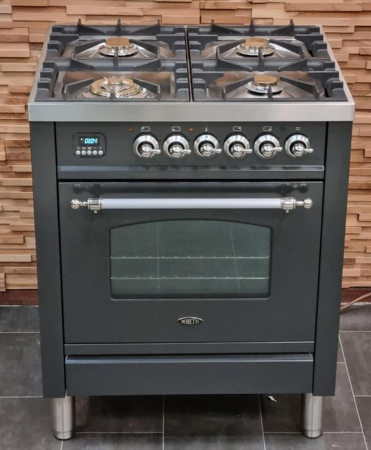 🔥Luxe Fornuis Boretti 70 cm antraciet + rvs 4 pits 1 oven, Elektronische apparatuur, Fornuizen, Zo goed als nieuw, Vrijstaand