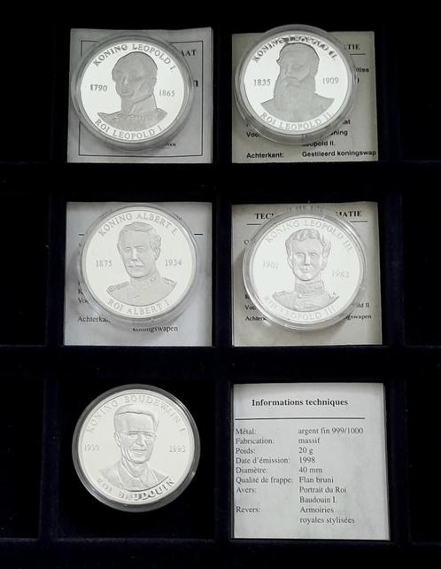 Zilveren medailles ..5 koningen van Belgie, Timbres & Monnaies, Pièces & Médailles, Argent, Envoi