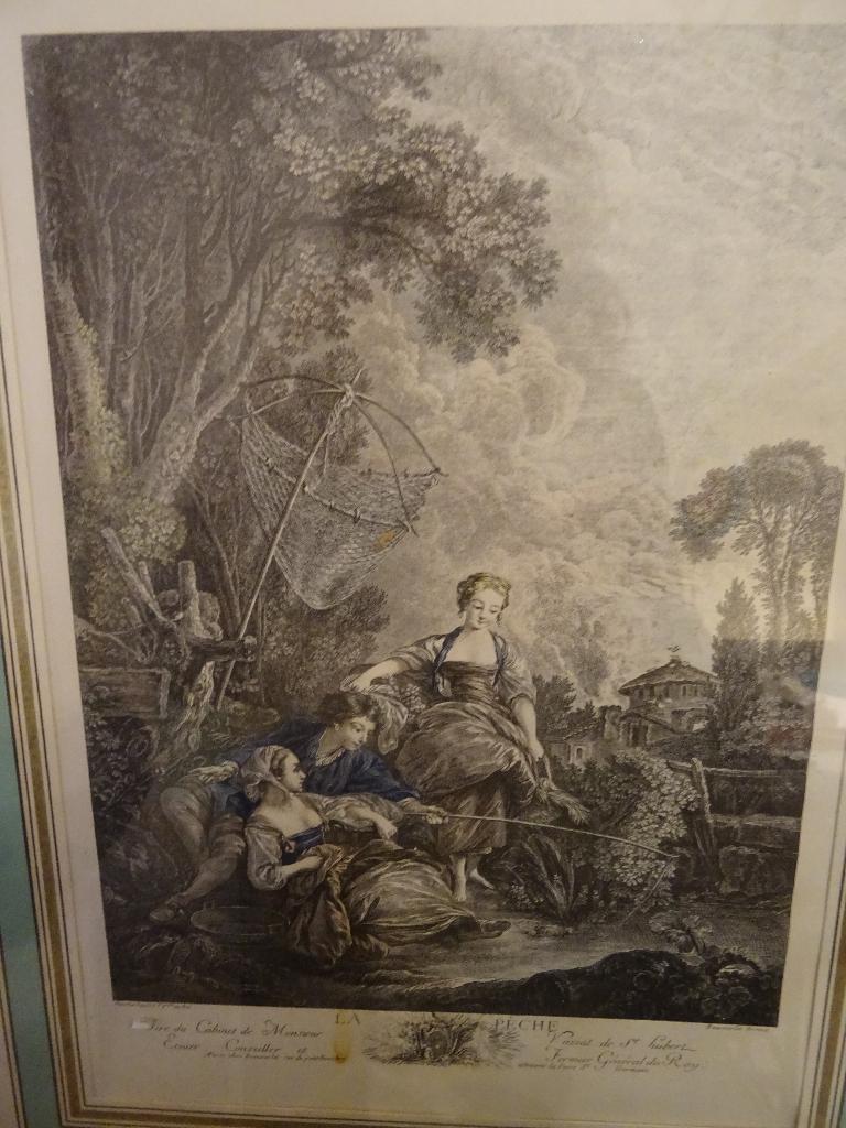 Gravure met een prent „La Pêche à la Angling”, 49 cm, Ingelijst, 1950 - 1999, Portret