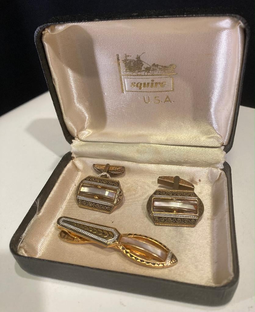 Boutons de manchette vintage + pince à cravate doublée, Enlèvement ou Envoi, Utilisé, Or, Doré