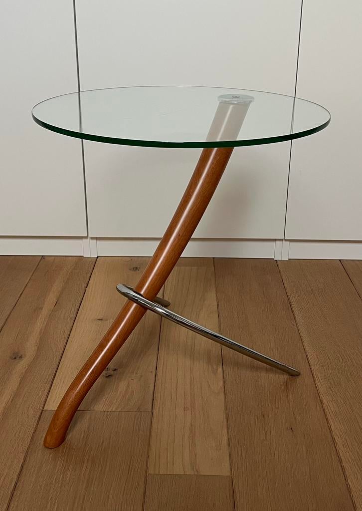 Postmodern bijzettafeltje, Huis en Inrichting, Tafels | Bijzettafels, Gebruikt, Rond, Glas, Ophalen