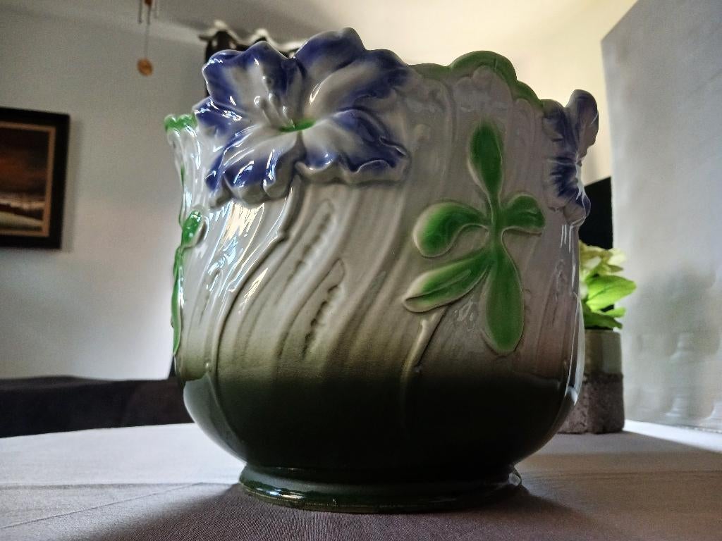 Bloempot Art Nouveau Ø 27cm Barbotine Majolica Nimy Belgisch, Enlèvement ou Envoi