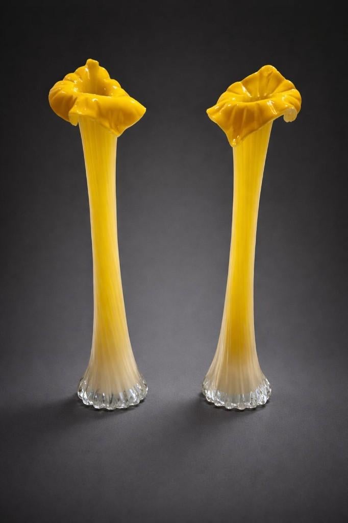 Paar gele vazen, vintage kunstglaspatroon, Ophalen of Verzenden, Zo goed als nieuw, Geel, Glas