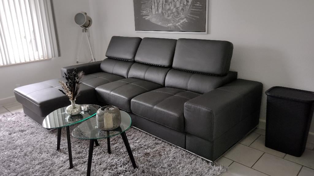 L-vormige woonkamer lichtgrijs kunstleer als nieuw, Ophalen, Zo goed als nieuw, 150 cm of meer, Leer