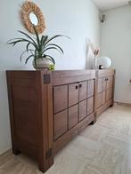 Vierkante tafel + 8 rieten stoelen + buffetkast massief hout, Ophalen, Gebruikt, 8 stoelen of meer