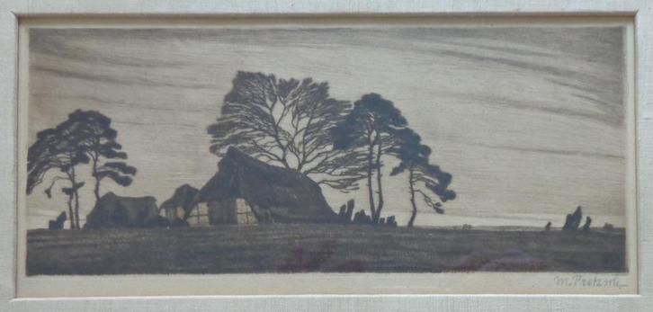 MORITZ BERNARD PRETZSCH / BOERDERIJZICHT / ZW-W ETS 23x40cm, Antiek en Kunst, Kunst | Etsen en Gravures, Ophalen of Verzenden
