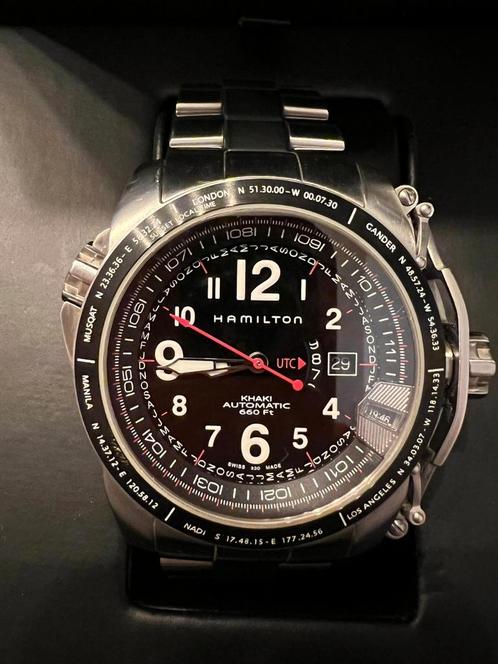 Hamilton - Khaki Sunset Worldtime UTC Automatic XL -, Handtassen en Accessoires, Horloges | Heren, Zo goed als nieuw, Staal, Staal