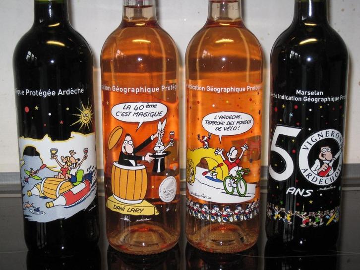 wijnflessen - wijnmakers uit de Ardéchois - gezeefdrukt glas, Verzamelen, Wijnen, Nieuw, Frankrijk, Ophalen of Verzenden
