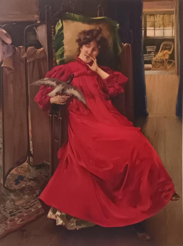 Fernand Toussaint (1873-1956) - Femme en rouge LITHO, Antiquités & Art, Art | Lithographies & Sérigraphies, Enlèvement ou Envoi