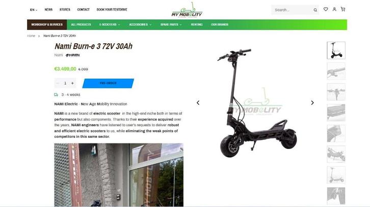 Trottinette puissante Nami Burn-e 3 72V 32Ah, Vélos & Vélomoteurs, Trottinettes, Utilisé, Step électrique (E-scooter), Enlèvement