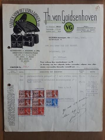 EKEREN 1941 : FACTUUR TH.VAN GOIDSENHOVEN Fietsonderdelen beschikbaar voor biedingen