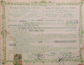 Banque Belge du Travail - Kwijtschrift - 1934 - Gent beschikbaar voor biedingen