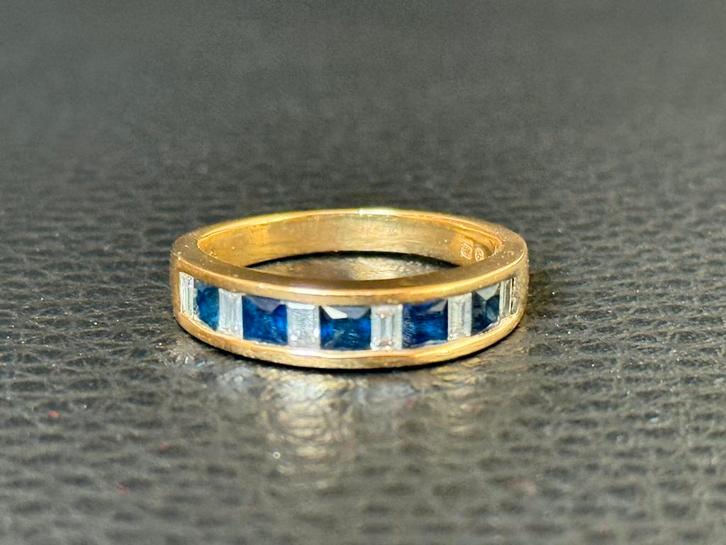 18 karaat gouden ring natuurlijke diamant en saffier 1.75ct!, Handtassen en Accessoires, Ringen, Dame of Heer, 18 tot 19, Geel