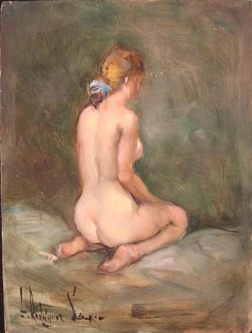 Olieverfpaneeltje met gehurkt naakt, Antiek en Kunst, Kunst | Schilderijen | Klassiek, Ophalen of Verzenden