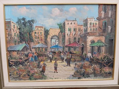 mooi schilderij BALSAMO bloemenmarkt, Antiek en Kunst, Kunst | Schilderijen | Klassiek, Ophalen of Verzenden