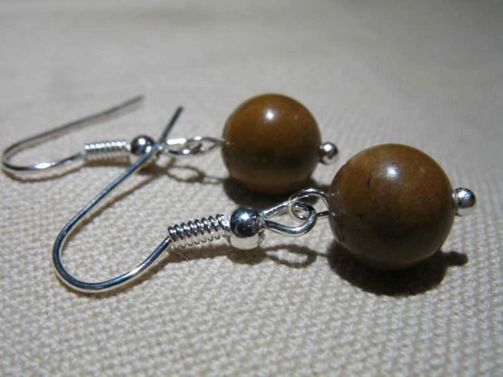 Oorringen : 8 mm parel: jasper, Handtassen en Accessoires, Oorbellen, Nieuw, Hangers, Overige materialen, Bruin, Met edelsteen