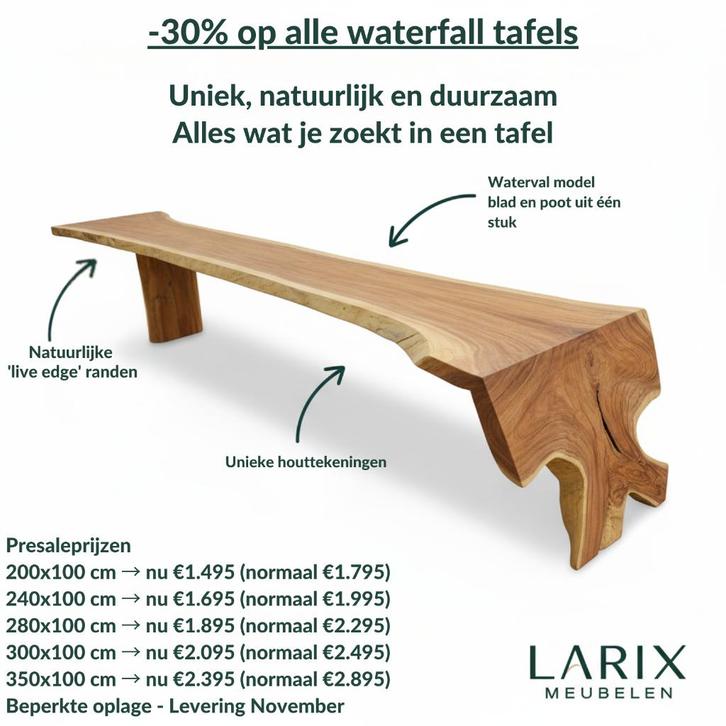 Massieve Suar Waterfall tafels, Huis en Inrichting, Tafels | Eettafels, Nieuw, 100 tot 150 cm, 200 cm of meer, Vijf personen of meer