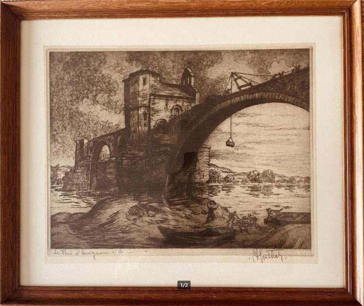 Ets van Albert Goethals "Pont d'Avignon", Antiek en Kunst, Kunst | Etsen en Gravures, Ophalen