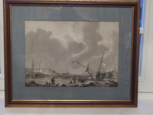 Tekening, zicht op zee, Antiek en Kunst, Kunst | Schilderijen | Klassiek, Ophalen of Verzenden