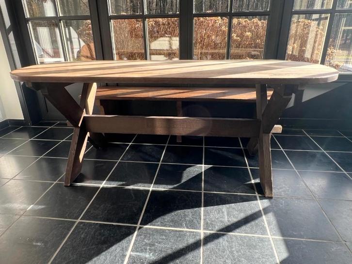 Massieve Amerikaanse eiken tafel met bijhorende zitbank, Antiquités & Art, Antiquités | Meubles | Tables, Enlèvement