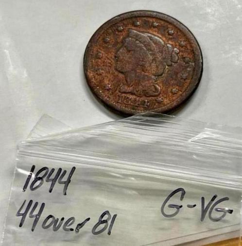Grote cent-penny uit 1844, 44 over 81 koperen munt antiek, Postzegels en Munten, Munten | Amerika, Losse munt, Noord-Amerika, Ophalen of Verzenden