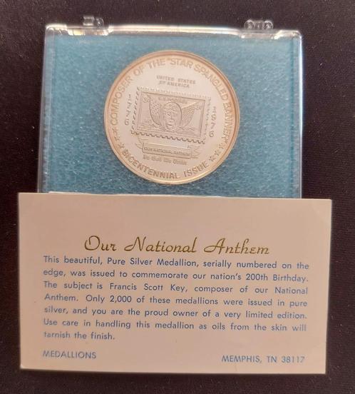 USA - Pure Silver Medal -National Anthem -Bicentennial - COA, Postzegels en Munten, Edelmetalen en Baren, Zilver, Verzenden