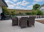 Tafel H: 30,75cm, B/L:145cm

Stoelen: H 9pcm, B:61cm, L:52cm, Ophalen, Gebruikt