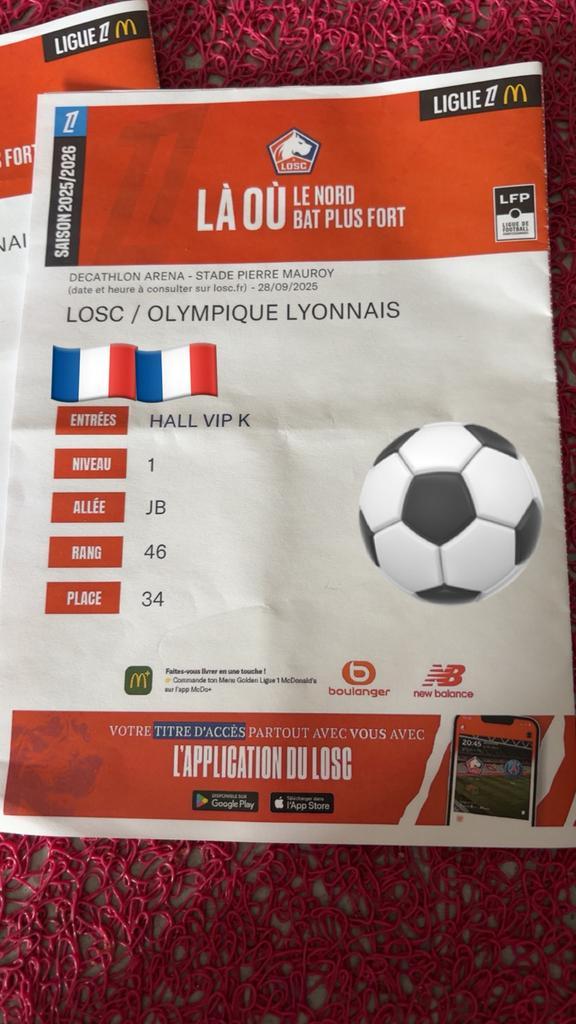 2 VIP-voetbaltickets voor de wedstrijd van Lille Lyon, Tickets en Kaartjes, Sport | Voetbal, September