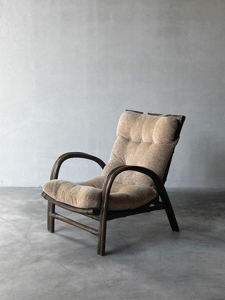 Vintage Mid century rotan lounge chair met kussen, Huis en Inrichting, Fauteuils, Zo goed als nieuw, Ophalen
