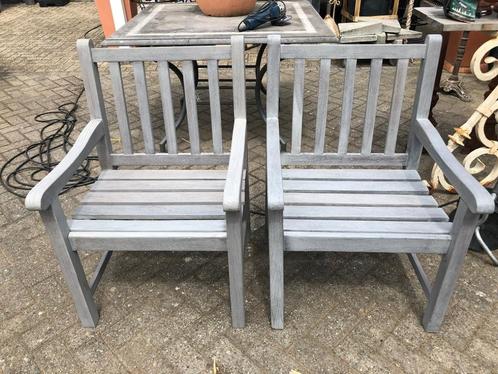 2 oude zware teak armstoelen gerestaureerd tuinstoel flamant, Tuin en Terras, Picknicktafels, Gebruikt, Vierkant, Hout, Ophalen