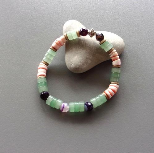 Surferarmband voor man of vrouw aventurijn, agaat, parelmoer, Handtassen en Accessoires, Armbanden, Nieuw, Elastiek, Groen, Met bedels of kralen