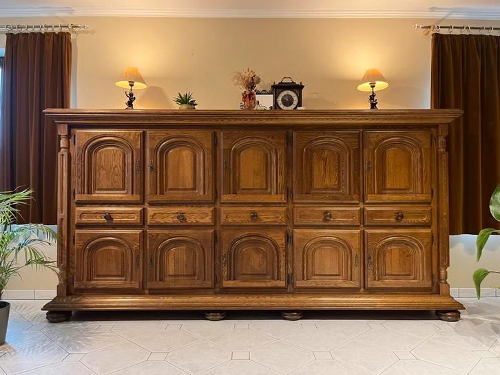 Complete massief eiken eetkamer, tafel, 6 stoelen & 2 kasten, Huis en Inrichting, Complete eetkamers, Gebruikt, 4 tot 6 stoelen