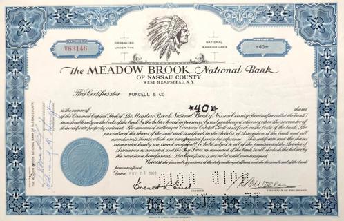 The Meadow Brook National Bank 1960, Postzegels en Munten, Aandelen en Waardepapieren, Certificaat van aandeel, 1950 tot 1970