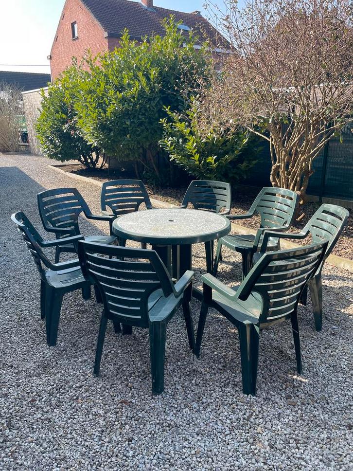 8 Curver tuinstoelen + tafel, Tuin en Terras, Tuinstoelen, Gebruikt, Ophalen