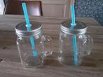 2x stuks Glazen Mason Jar drinkbekers met rietje 450ml, Ophalen of Verzenden, Nieuw, Glas