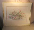 Mooi Geschilderd Aquarel 'Korf met Bloemen' - J Janssen, Antiek en Kunst, Ophalen of Verzenden