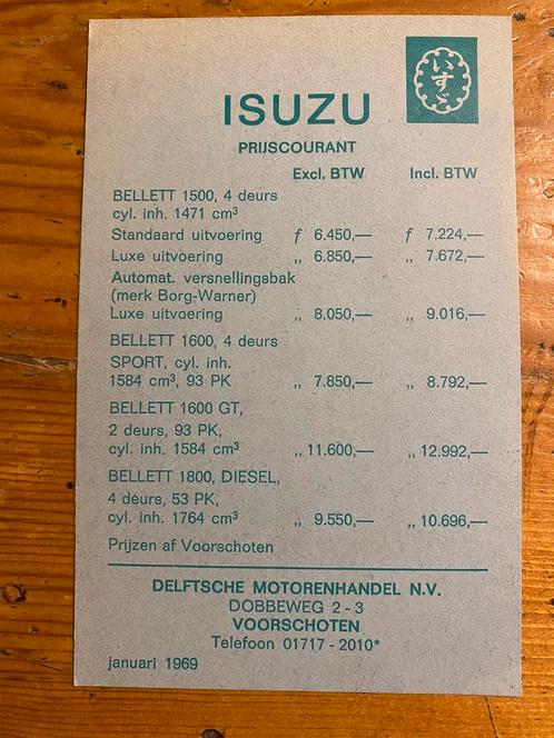 Liste de prix Oldtimer ISUZU BELLETT 1969, Livres, Autos | Brochures & Magazines, Comme neuf, Autres marques, Envoi