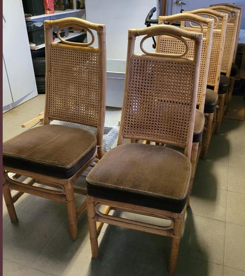 6 stoelen rotan vintage, Maison & Meubles, Chaises, Utilisé, Osier ou Rotin, Tissus, Brun, Enlèvement