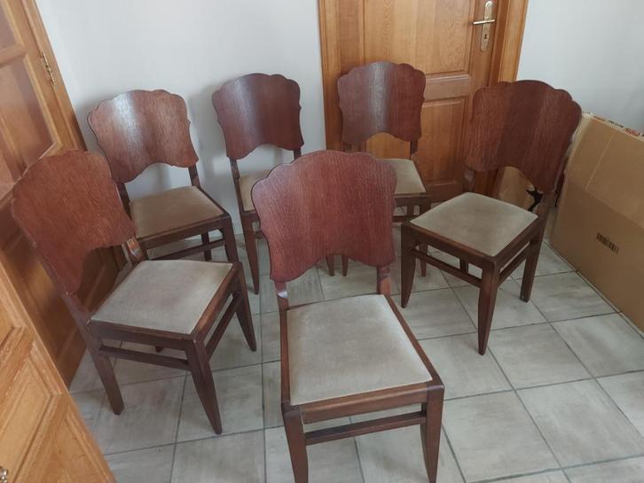 set van 6 eetkamerstoelen, Huis en Inrichting, Stoelen, Gebruikt, Vijf, Zes of meer stoelen, Hout, Stof, Bruin, Ophalen