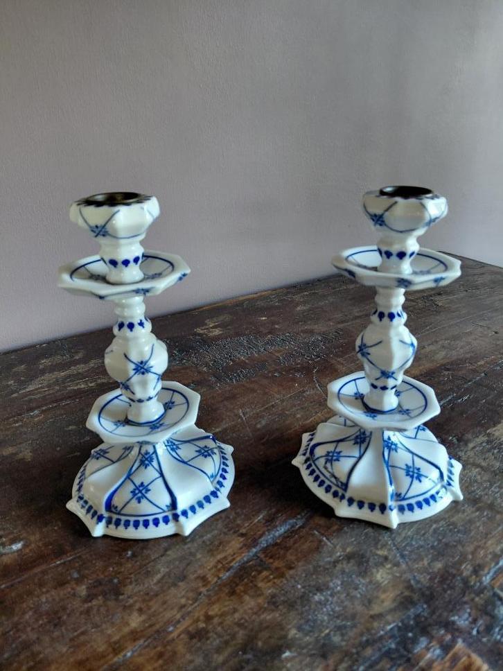 Vintage Spode Italiaanse blauw-witte kandelaars - een paar, Antiek en Kunst, Antiek | Kandelaars, Keramiek of Aardewerk, Verzenden