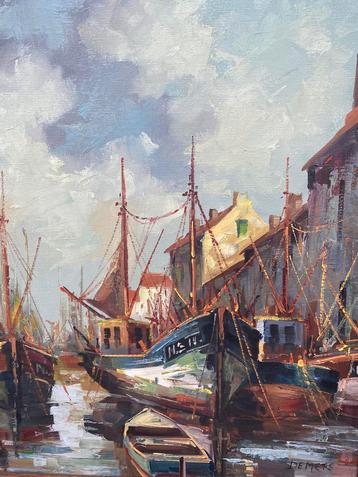 Schilderij, gesigneerd, zicht op vissershaven beschikbaar voor biedingen
