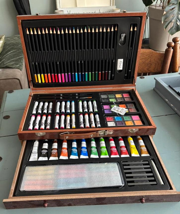 Koffertje schilder en tekenmateriaal + tafelezel+ verfdoek, Hobby en Vrije tijd, Tekenen, Nieuw, Ophalen