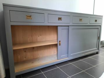 grijze buffetkast in teak, Ophalen, Gebruikt, 100 tot 150 cm, Teakhout