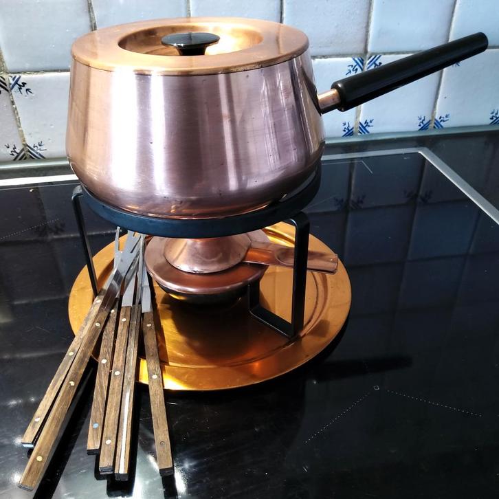 Koperen/Zwitserse SIGG fondueset met vorken (jaren 1970)., Antiek en Kunst, Antiek | Brons en Koper, Koper, Ophalen of Verzenden