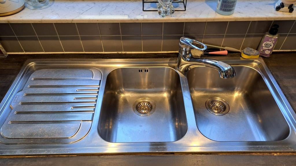 Dubbele inox spoelbak met kraan., Huis en Inrichting, Ophalen, Gebruikt