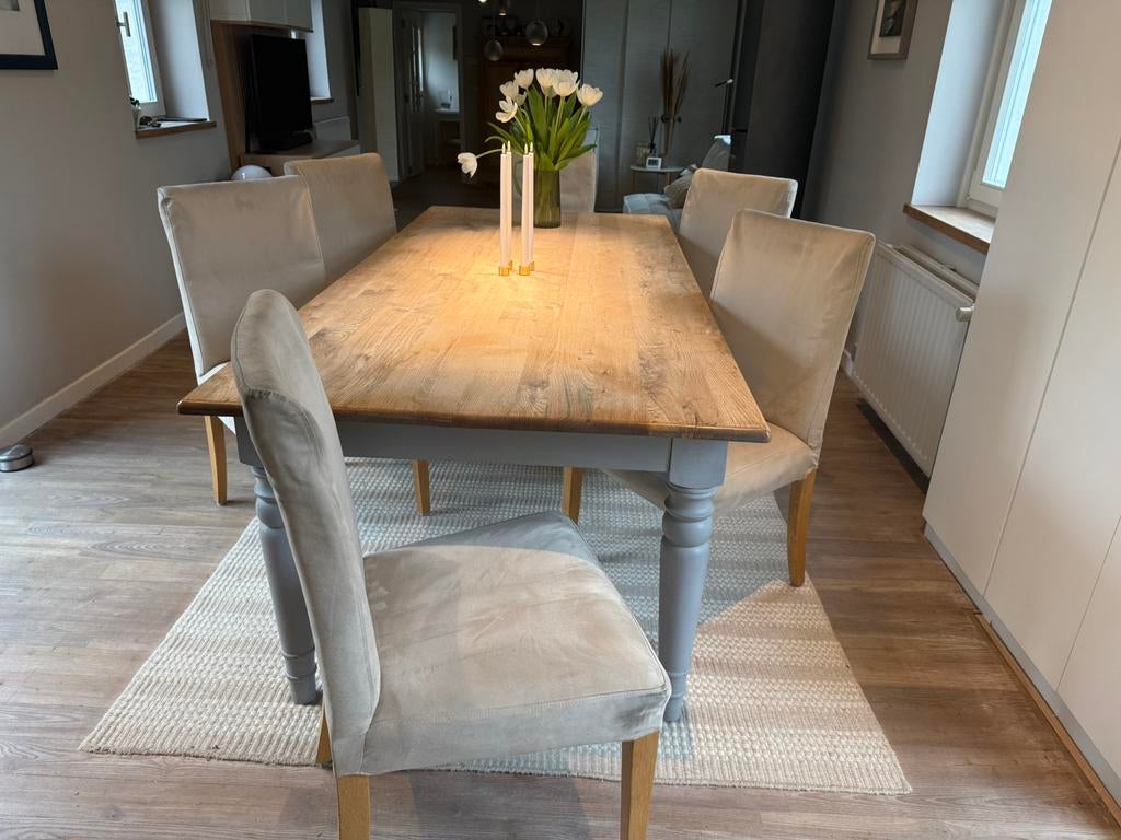 Lot de 8 chaises en chene et nubuck dehousable et lavable, Bois, Autres couleurs, Enlèvement, Cinq, Six Chaises ou plus