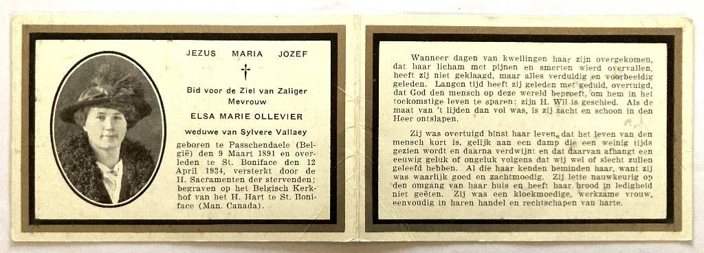 Oud Canadees Bidprentje van Elsa-Marie Ollevier, Verzamelen, Bidprentjes en Rouwkaarten, Ophalen of Verzenden, Bidprentje