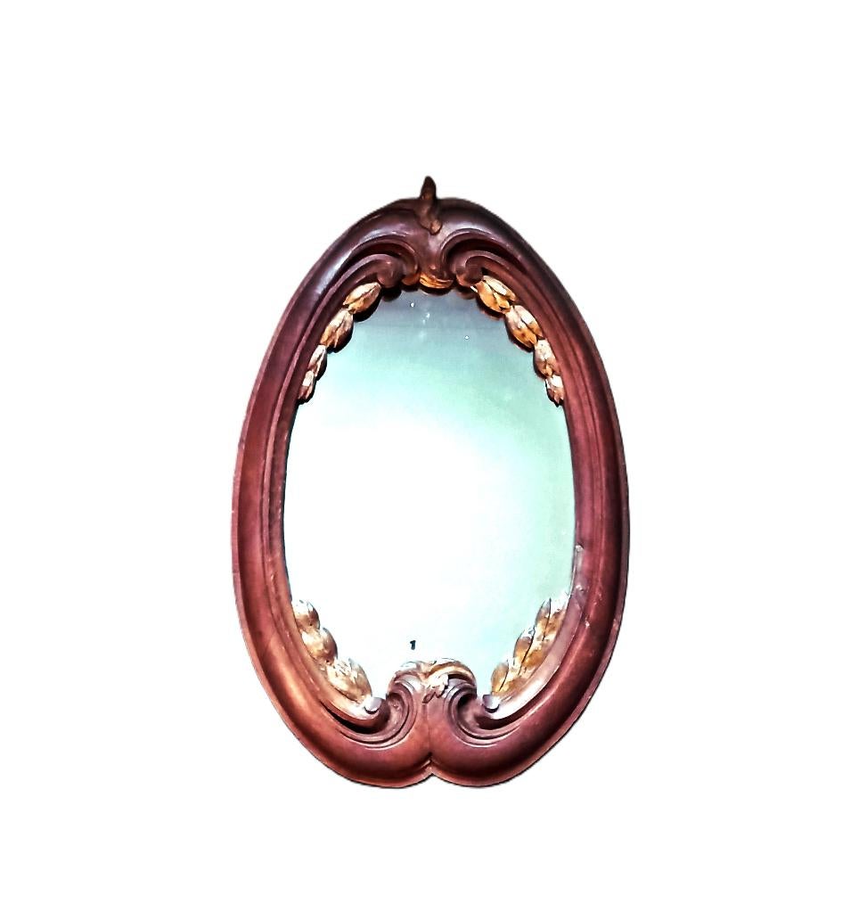 Grand Miroir Sculpté 19è S. avec Feuilles De Laurier Doré, Antiquités & Art, Enlèvement, Ovale, 50 à 100 cm, Moins de 100 cm