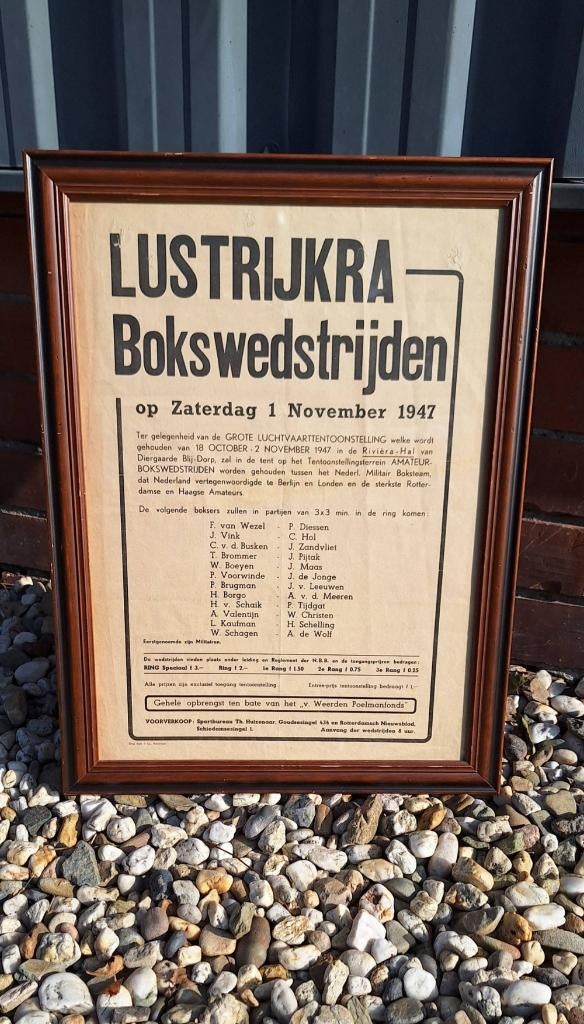 Boksposter, boks affiche van bokswedstrijden uit 1947👊, Verzamelen, Posters, Gebruikt, Sport, A1 t/m A3, Rechthoekig Staand, Met lijst