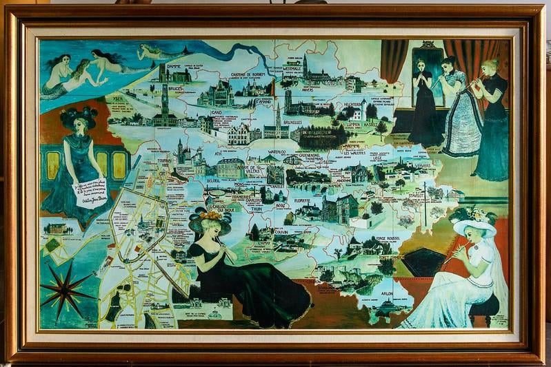 Reproductie XL Paul Delvaux „Literaire kaart van België”, Antiek en Kunst, Kunst | Schilderijen | Modern, Ophalen